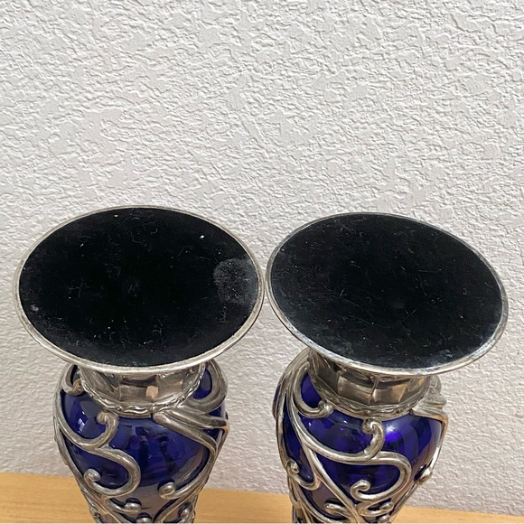 Rare Vintage MCM Mid Century Cobalt Blue Caged Glass Ornate 10” Candle Holder - Picture 12 of 12